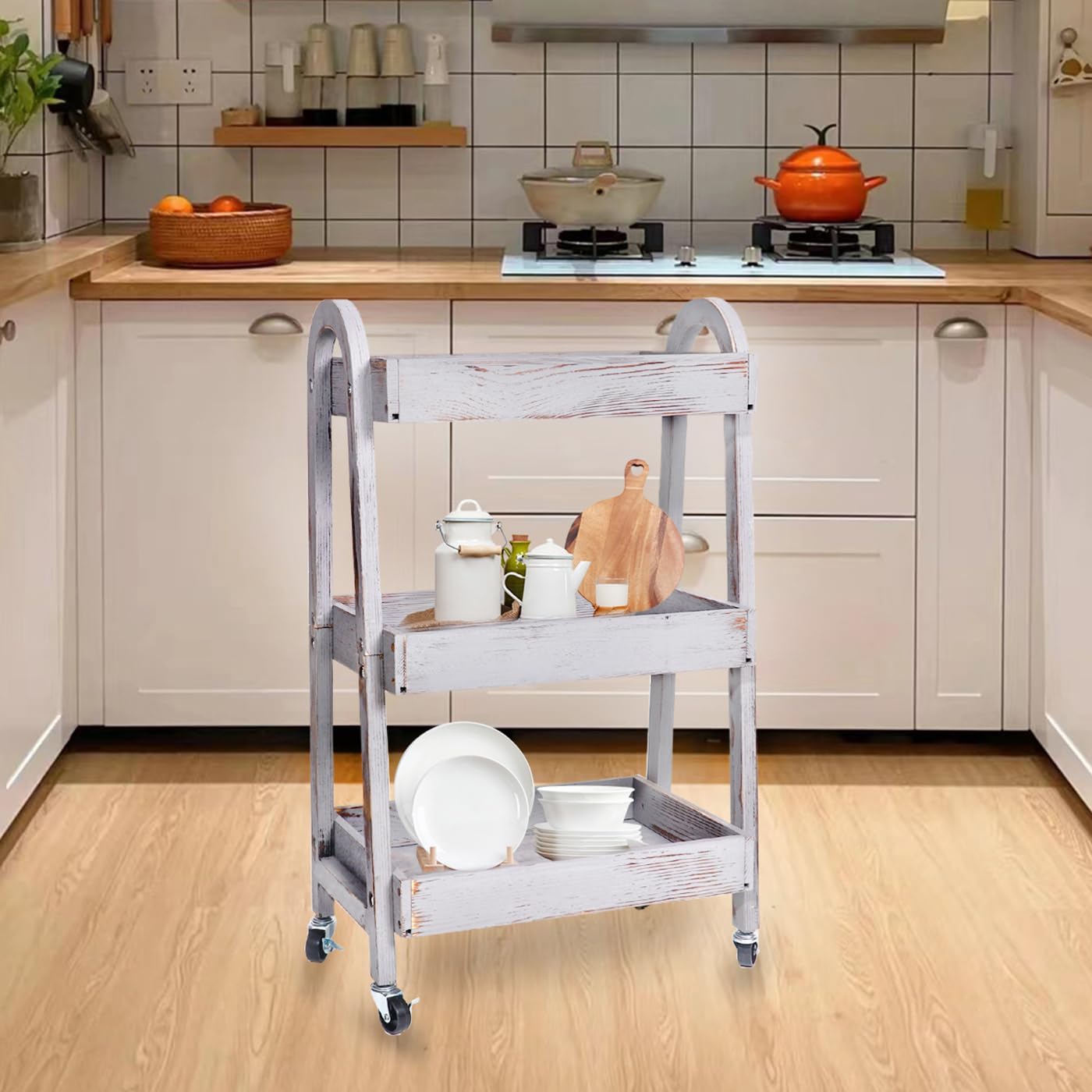 3-Tier Rolling Utility Cart with Lockable Wheels Storage Slim Storage Heavy Duty Cart Mobile Shelving Unit Craft Narrow Organizer for Bathroom Laundry Kitchen (Vintage Grey)