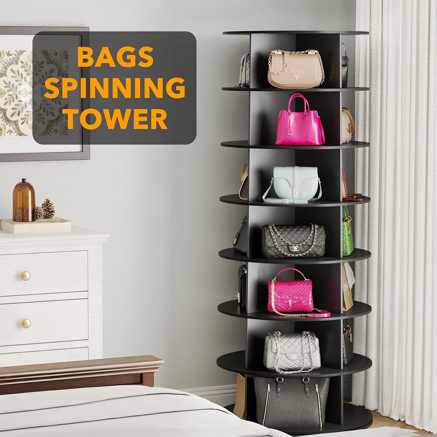 SpaceAid 7 Tier Rotating Shoe Rack Tower, Spinning Shoe Display Lazy Susan, Revolving 360 Shoe Rack Storage Round Carousel, Vertical Handbag Rotate Shoes Closet Organization (7-Tier Black)