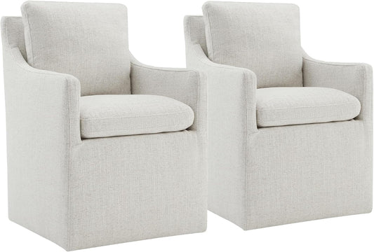 Upholstered Dining Chairs with Casters No Assembly Modern Accent Armchair with Rollers for Diningroom Bedroom Livingroom Reading Room,Linen,2 Boxs