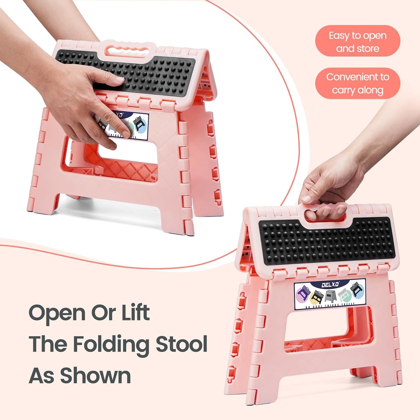 Delxo Folding Step Stool 9 Inch,Non-Slip Foldable Stools Up to 300 LBS,Kitchen Collapsible Fold Up Stepping Stool with Dotted 1 Pack,Pink