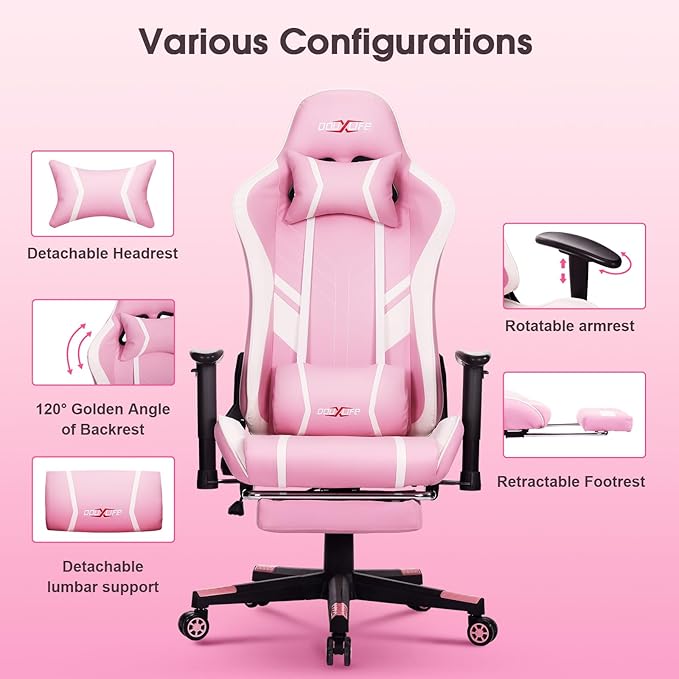 Douxlife 7-Point Massage Gaming Chair, 175° Gaming Recliner with Footrest Ergonomic Computer Office Chair High Back Video Game Chair with Lumbar Support, Upgraded Version Pink