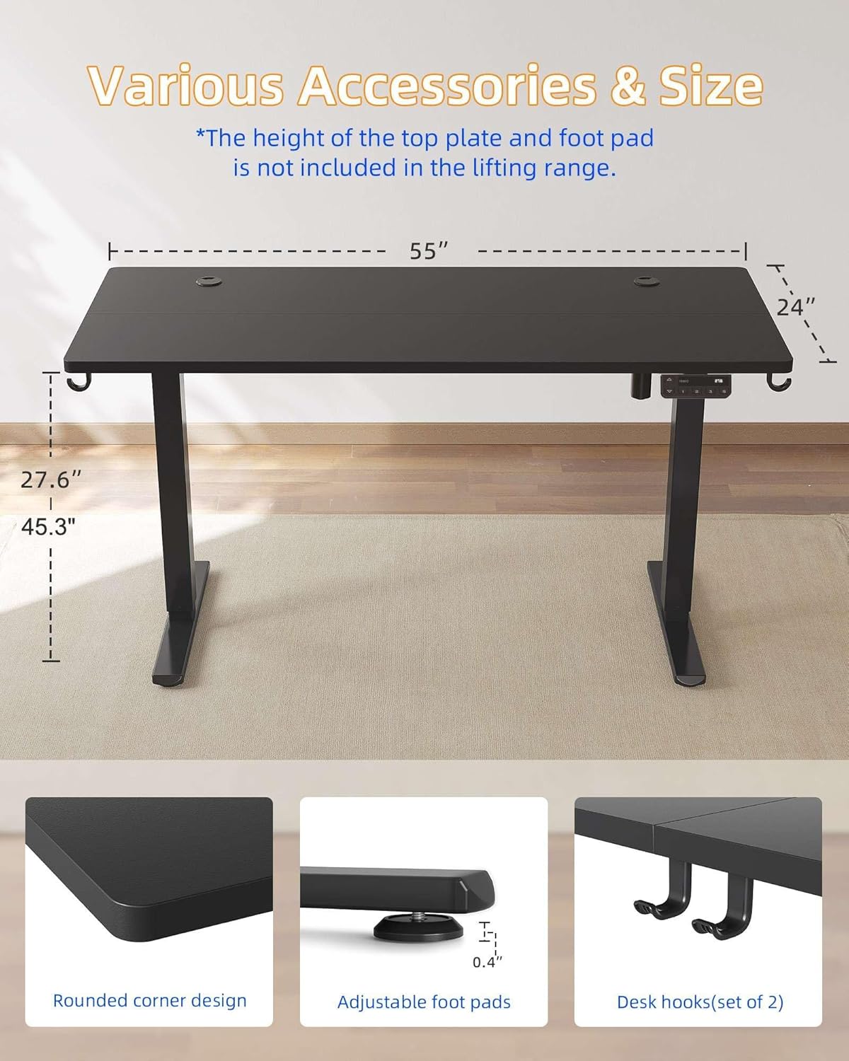 YIHAYO Electric Standing Desk, 55 x 24 Inches Stand Up Desk with Splice Board, Adjustable Height Desk, Computer Desk for Home Office, Black Frame/Black Top