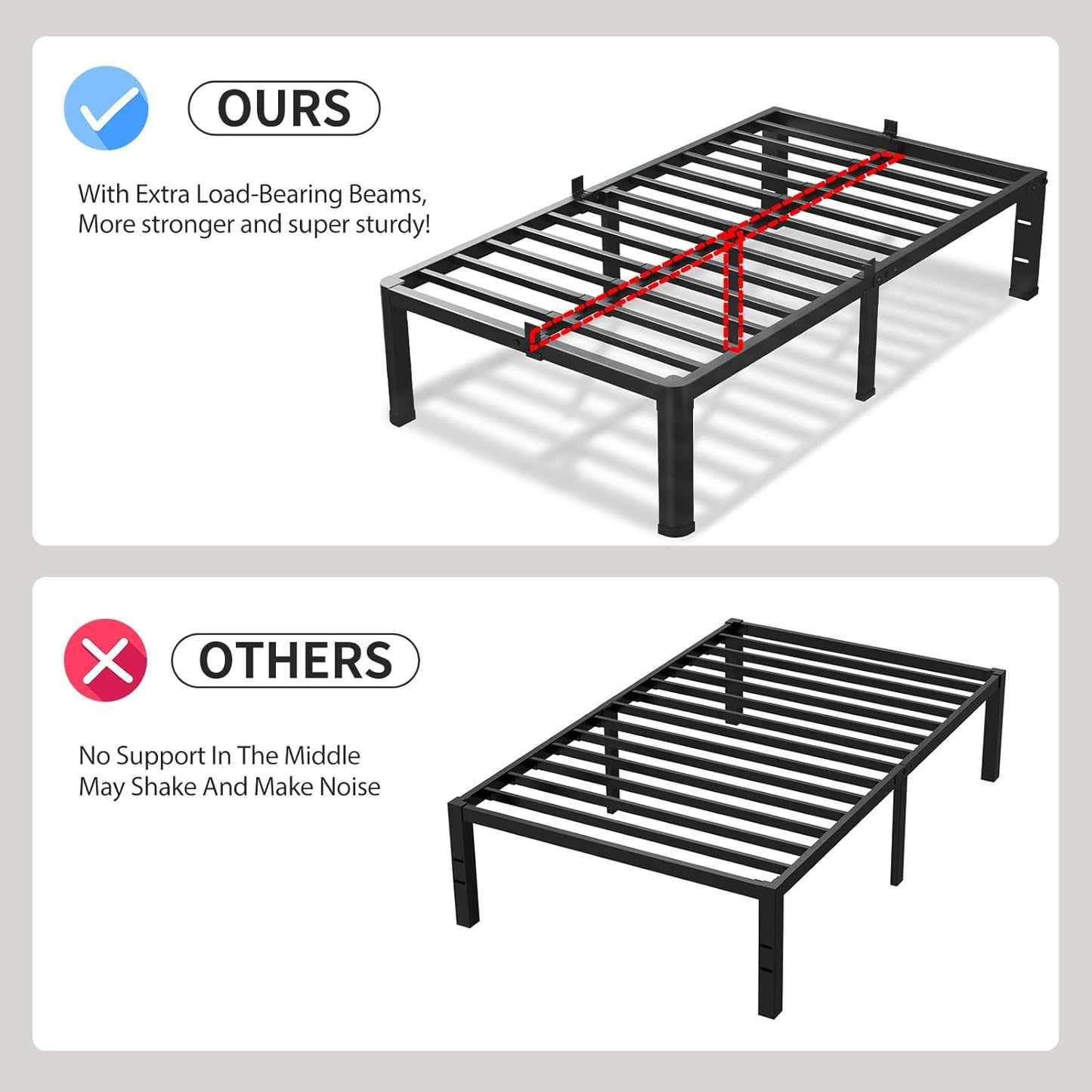 14 Inch Twin XL Bed Frame, 3500Lbs Heavy Duty Metal Platform with Round Corner Legs Mattress Slide Stopper, Steel Slat Support No Box Spring Needed, Noise Free, Non-Slip, Easy Assembly