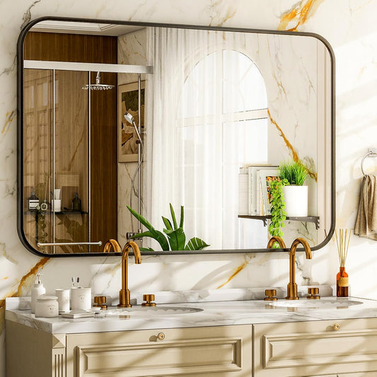 26 x 38 Inch Bathroom Mirror, Rounded Rectangular Vanity Mirror for Wall, Modern Mirror for Room Decor, Black Framed Wall-Mounted Mirrors for Home Decor, Hangs Horizontally or Vertically