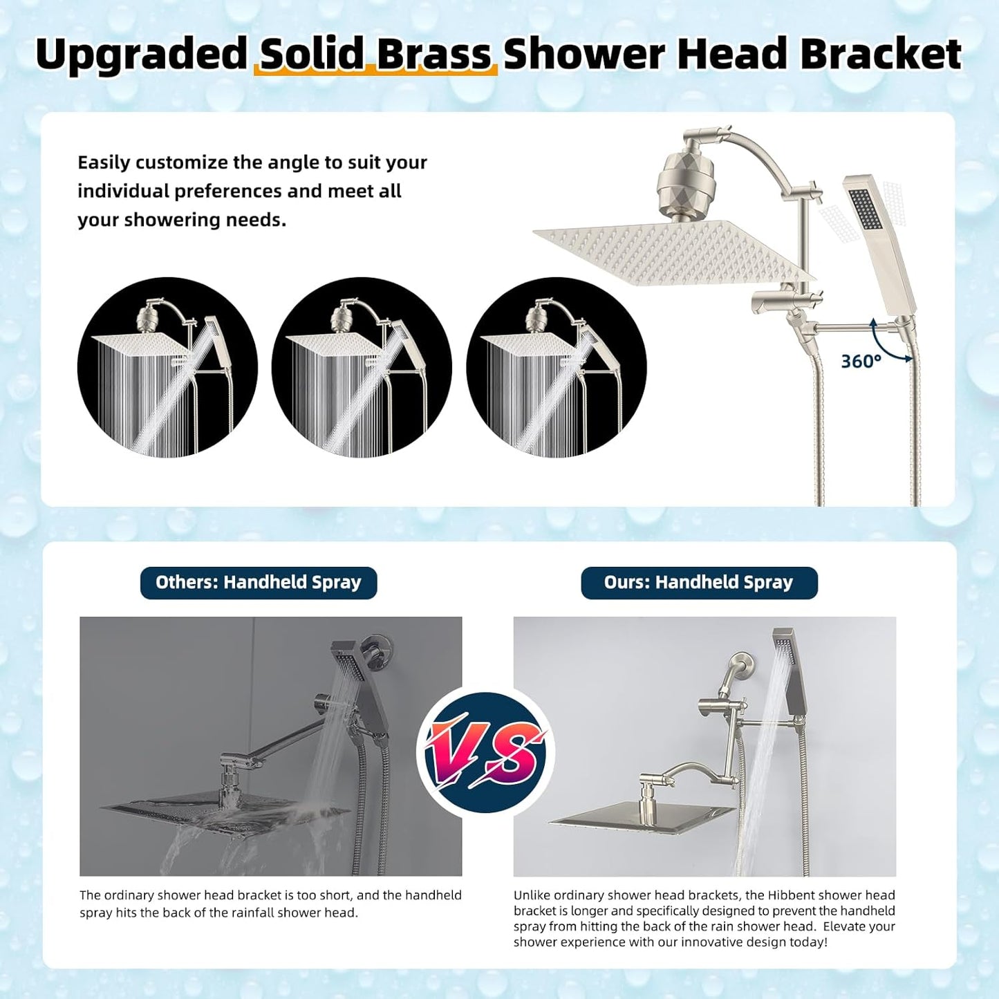 Hibbent Metal 12'' Filtered Rainfall Shower Head with Handheld Combo, High Pressure Shower Wand, 16'' Adjustable Arc Extension Arm, 20 Stage Shower Filter, 71'' Hose,Shower Holder, Brushed Nickel
