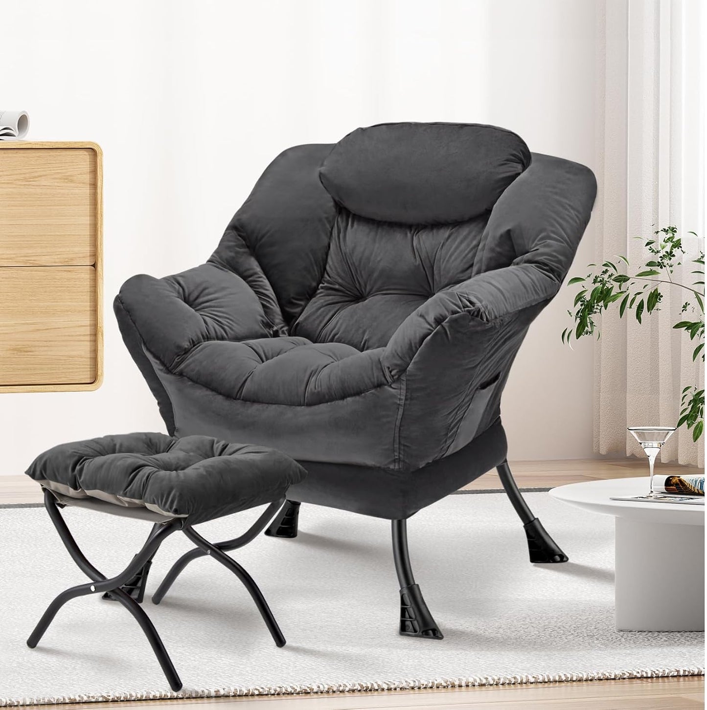 Lazy Chair with Folding Ottoman Modern Large Accent Chair,Contemporary Lounge Leisure Sofa Chair with Armrests Upholstered Sofa Armchair Reading Chair for Bedroom,Dorm & Office (Dark Grey-f)
