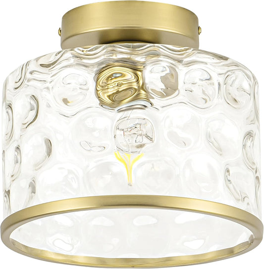 Gold Flush Mount Ceiling Light with Clear Hammered Glass lampshade, Farmhouse Ceiling Lights Fixture in Satin Brass for Kitchen Bathroom, Bulb not Included