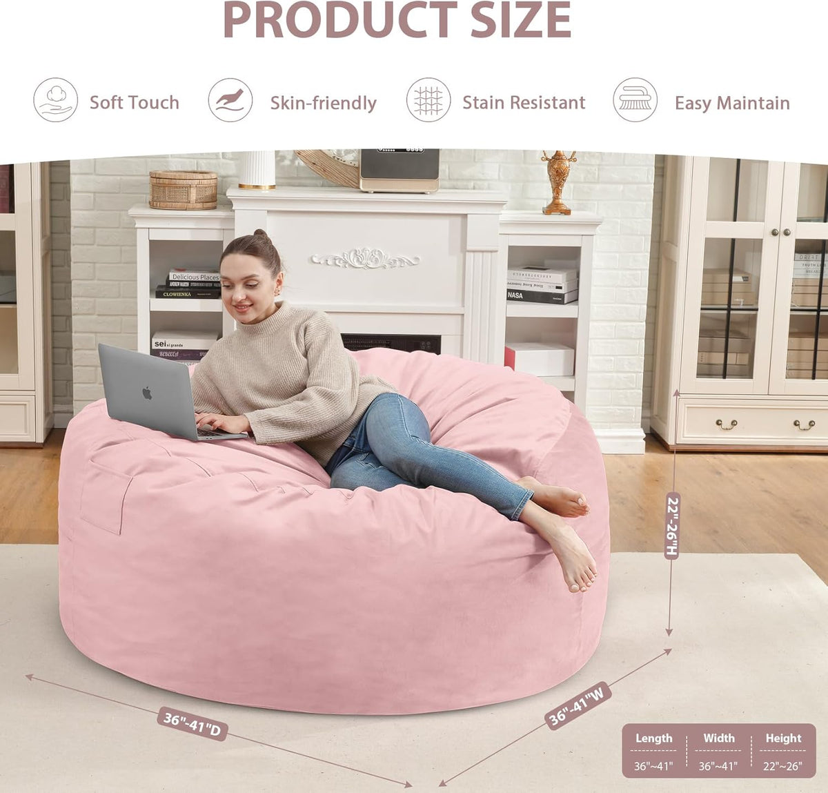 3FT Bean Bag Chair, Comfy Bean Bag Chairs with Memory Foam Filled, Fluffy Beanbag Sofa with Dutch Velvet Cover, Round BeanBag Chairs for Living Room, Playroom - Light Pink
