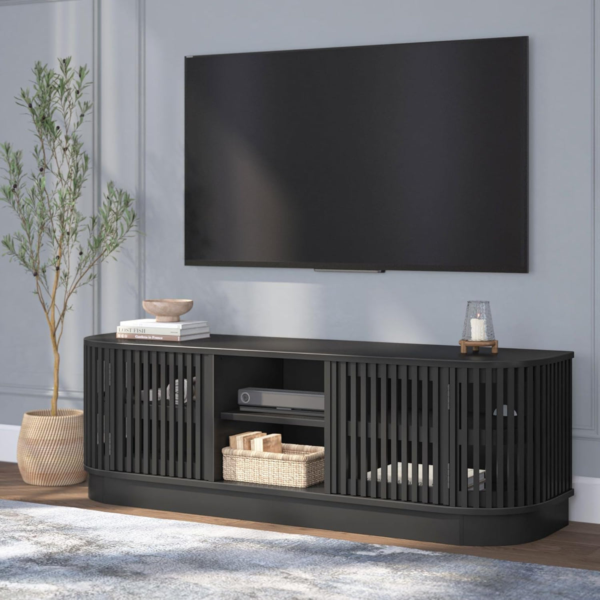 Plank+Beam Contour Wood TV Stand, Solid Wood Entertainment Console with Storage, 59" L x 16" W x 19" H, Black