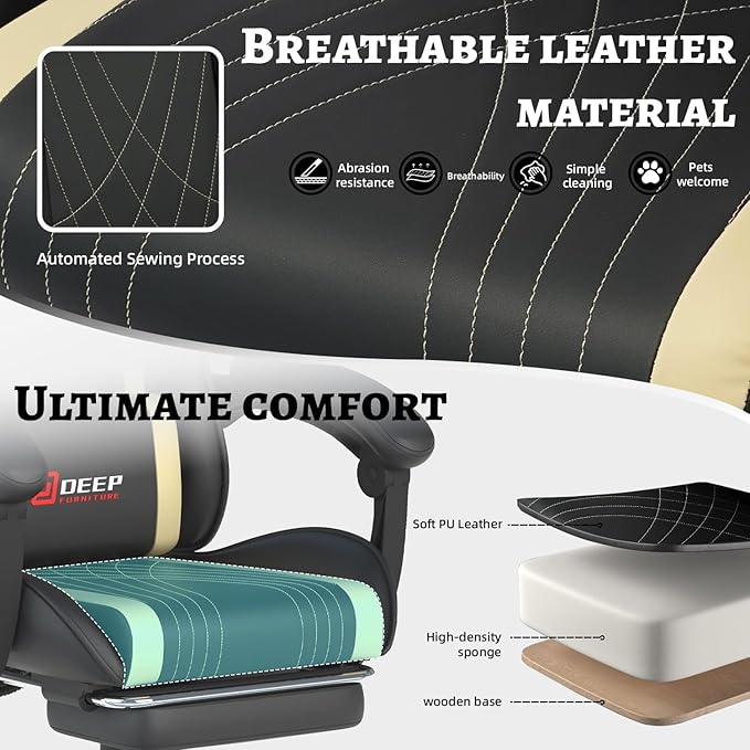 Ergonomic Gaming Chair with Footrest and Lumbar Massage, Racing Office Chair, High Back Computer Desk Chair with Headrest Pillow for Adults, Video Game Chair for PC Gamer (1001-Beige)