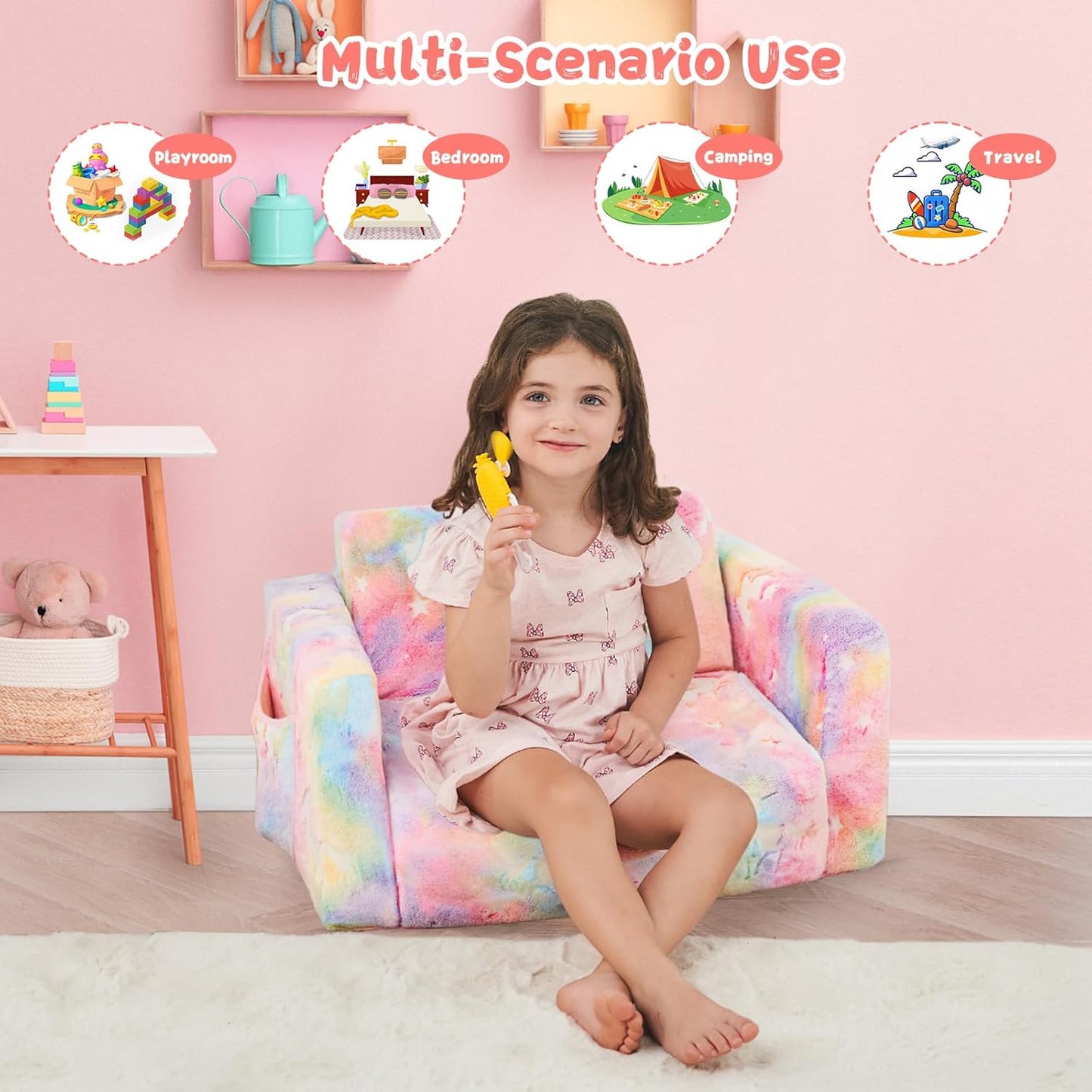 Toddler Chair Comfy,2-in-1 Soft Toddler Couch Fold Out for Kids,Convertible Sofa to Lounger,Gift for Girls and Boys Birthday,Unicorn,Medium
