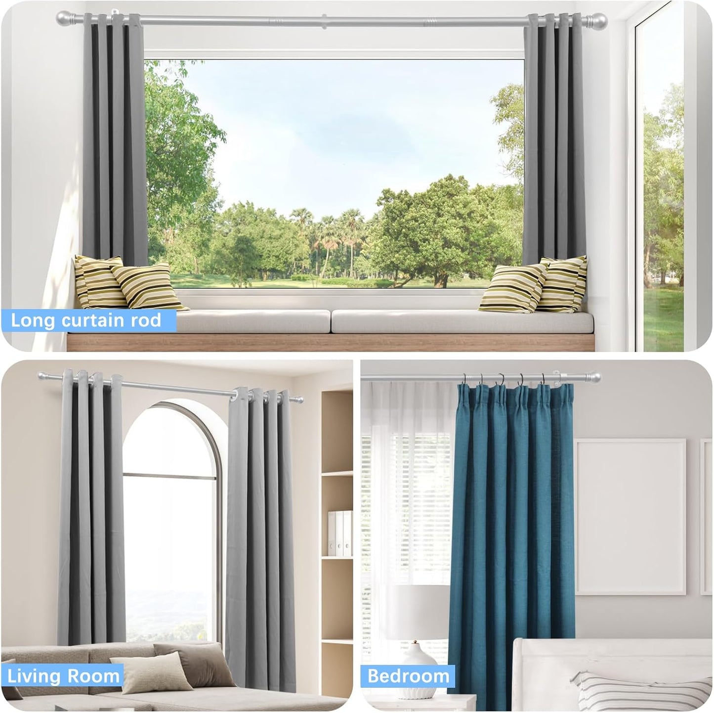 Curtain Rods for Windows 16 to 120 Inches, Curtain Rod Max Adjustable Length of 132 IN, 1" Diameter Drapery Rods Round Finials, Satin Silver, Pack of 2