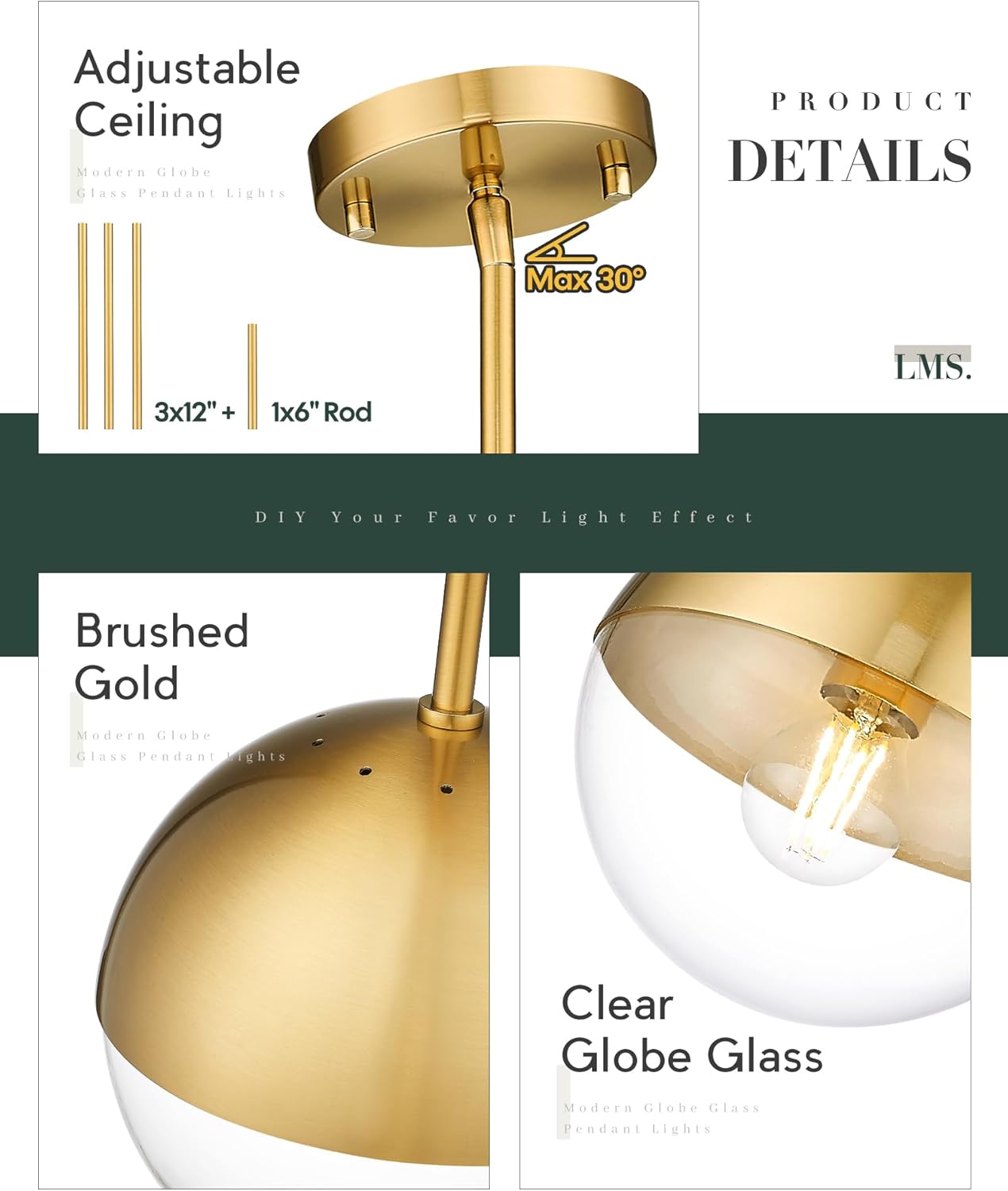 LMS Mid Century Pendant Light Fixtures, Brushed Gold Farmhouse Pendant Light with Clear Globe Glass Shade, Adjustable Hanging Rod Ceiling Light for Dining Room Bathroom Kitchen Island, LMS-186BGC