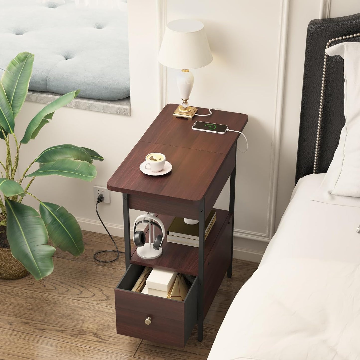 SOOWERY End Table with Charging Station, Narrow Side Table with Flip Top Cabinet and Fabric Drawer, Nightstand Bedside Tables for Small Spaces, Bedroom, Living Room, Dark Cherry
