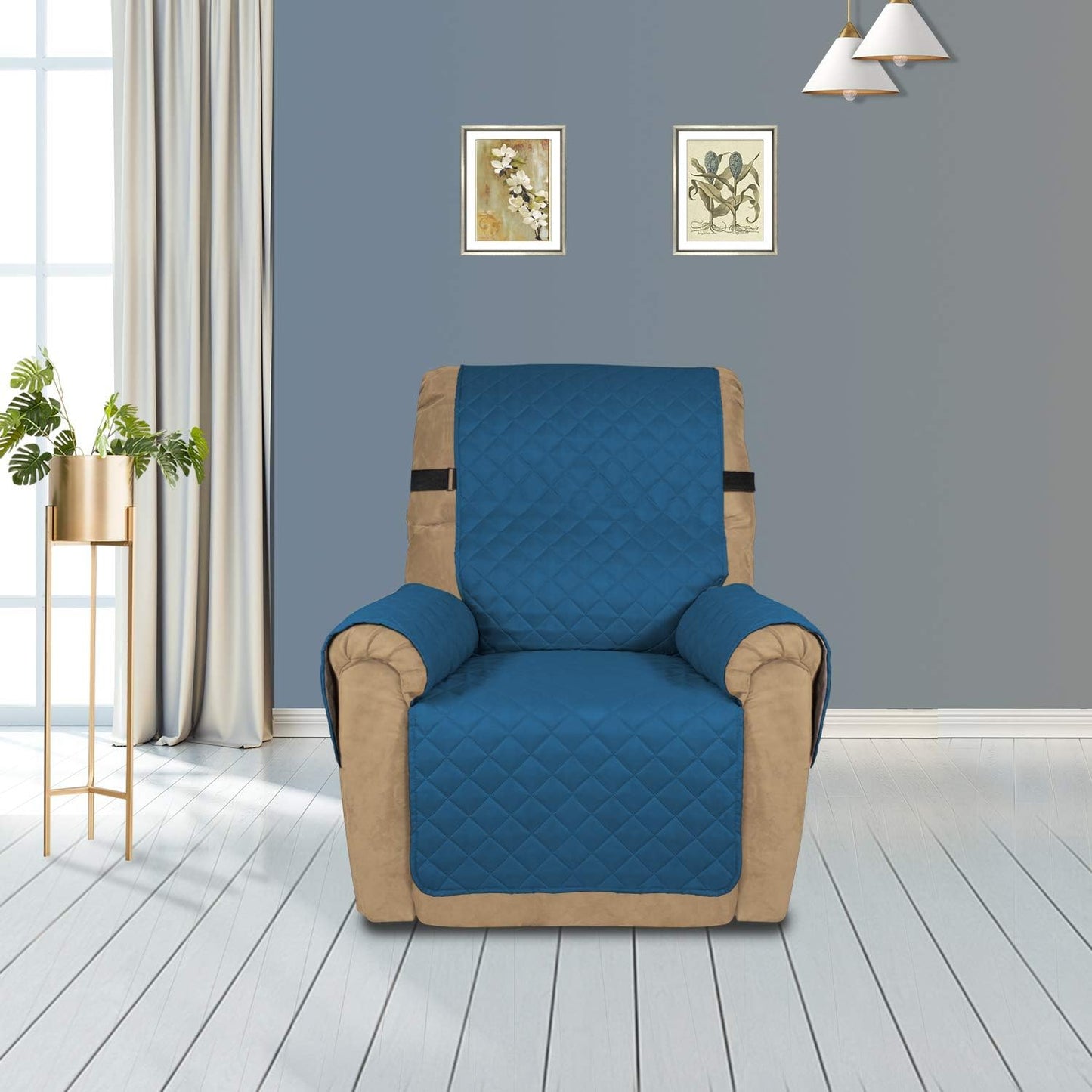 PureFit Reversible Sofa Cover Water Resistant Recliner Couch Cover, Machine Washable Furniture Cover with Adjustable Strap for Dogs, Pets (Recliner, Peacock Blue/Ivory)