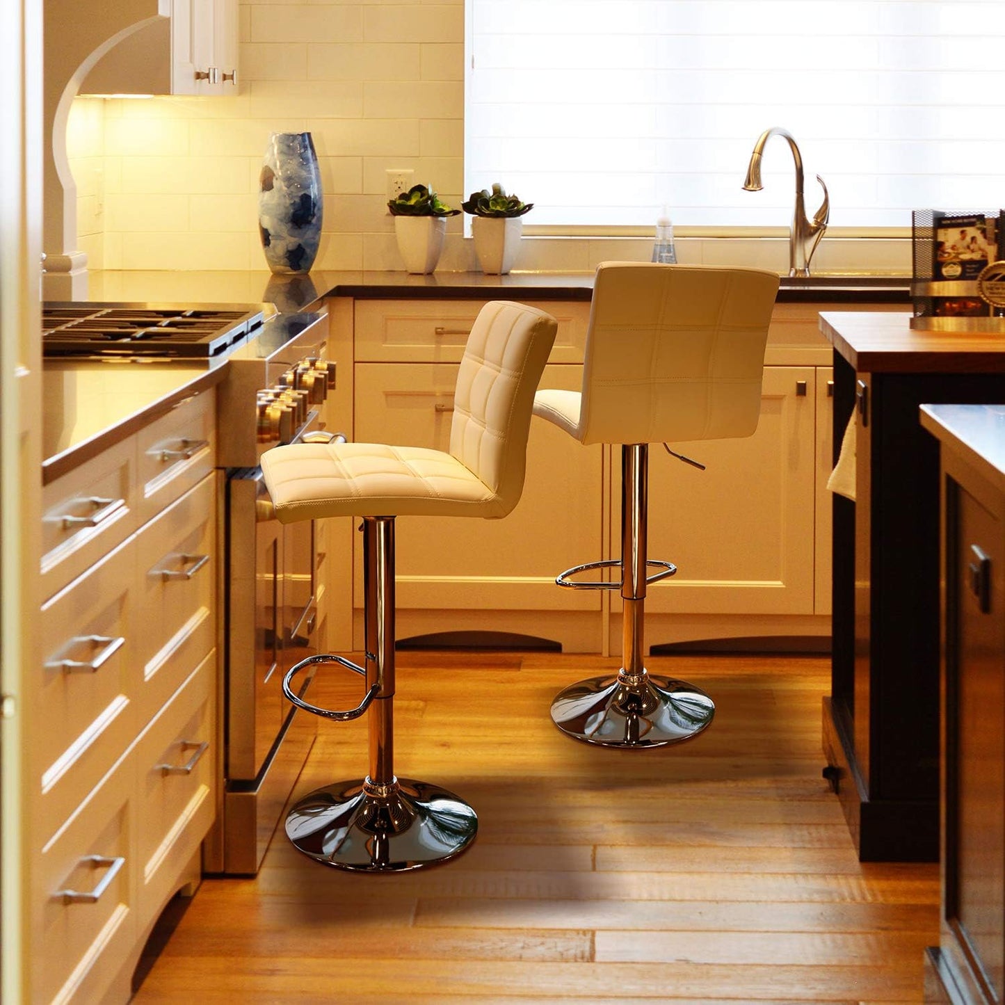 Leopard Modern Square PU Leather Adjustable Bar Stools with Back,Set of 2, Counter Height Swivel Stool (Beige)