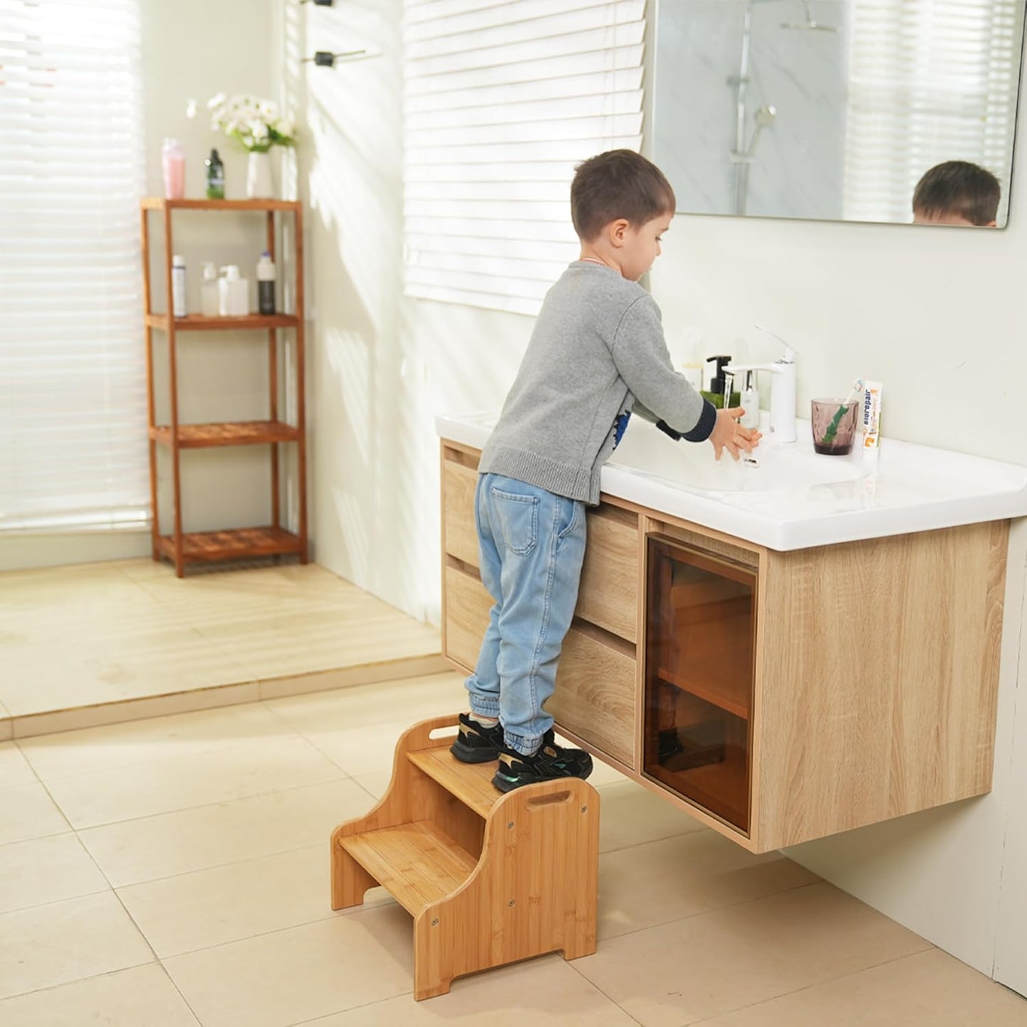 VaeFae Bamboo 2 Step Stool with Non-Slip Step Treads and 2 Cutout Handles