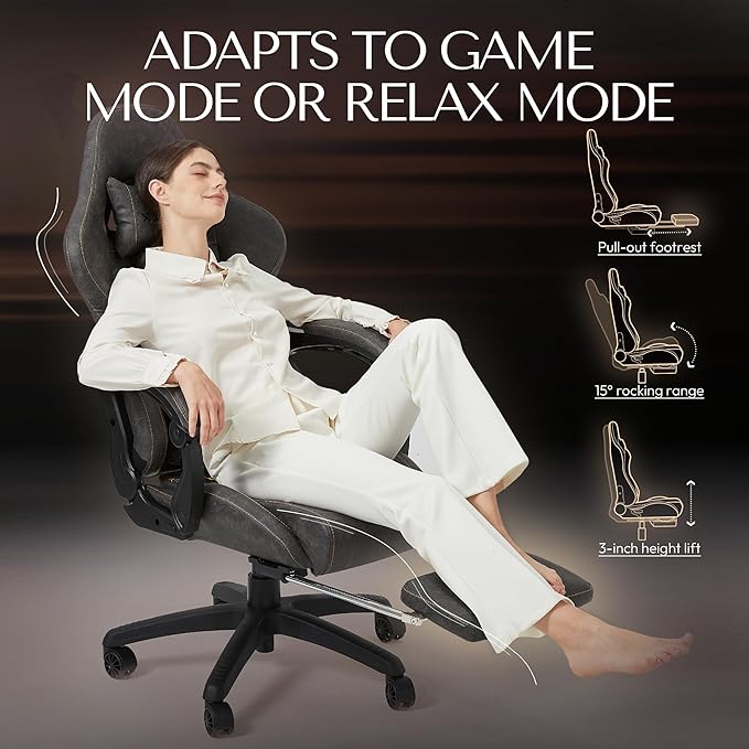 Dowinx Gaming Chair Big and Tall, Ergonomic PC Gaming Chair with Footrest & Massage, Racing Style Reclining Computer Chair for Adults, 400LBS Capacity - Heavy Duty Gamer Chair, Grey