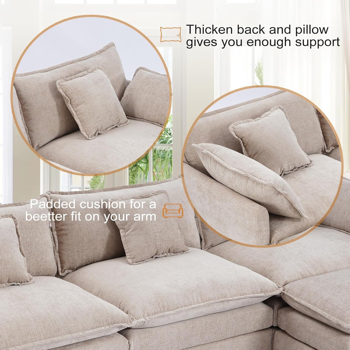 Furniliving Oversized Accent Chairs with Ottoman, Luxury Chenille Single Sofa, Upholstered Deep Seat Chaise Lounge with Pillows for Living Room, Bedroom, Apartment, Camel