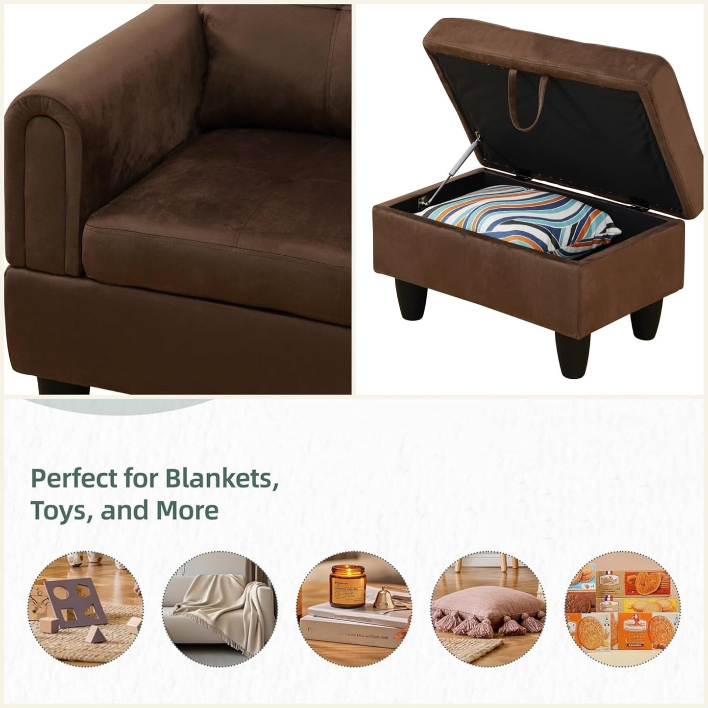 L Shaped Sectional Couches for Living Room, Modern Modular Sectional Sofa with Ottoman Storage, Comfy L Shaped Couch with Chaise for Bedroom Apartment Furniture, Brown