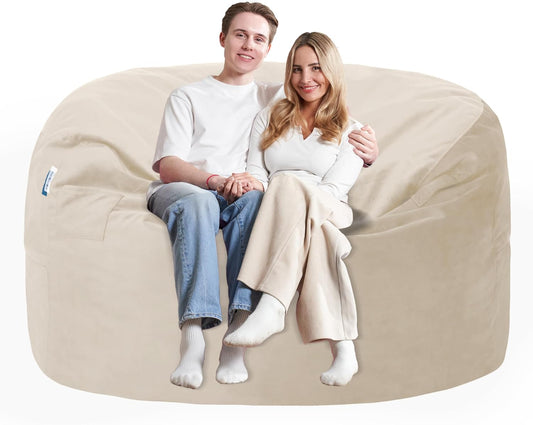 5FT Bean Bag Chair with Ultra Soft Velvet Cover Bean Bag Sofa with Memory Foam Bean Bag Chairs with Large Size Lazy Sofa for Dorm Office Living Room Bedroom Beige 5'