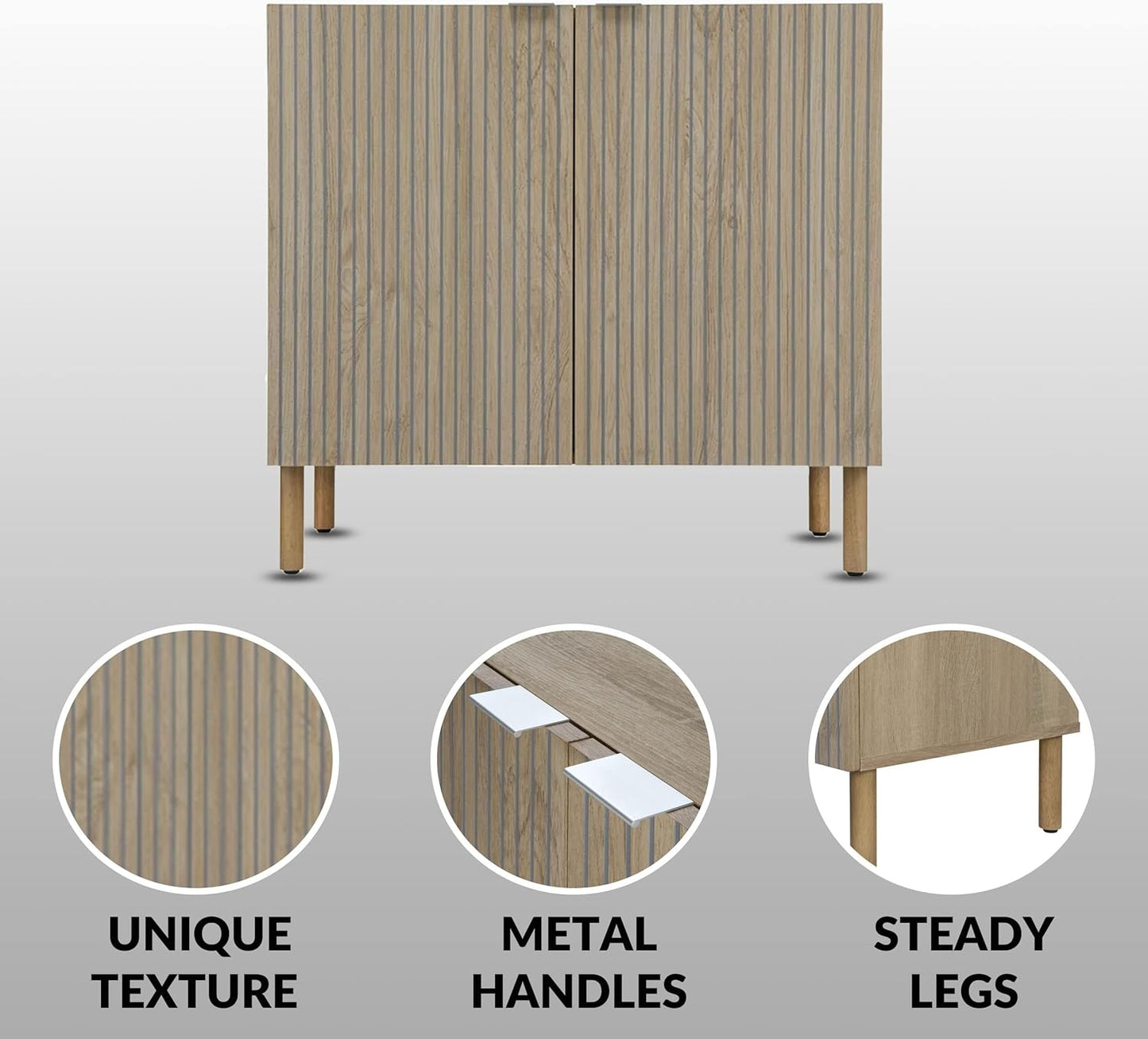 Sango Merk 2-Door Cabinet, Modern Brown Storage Cabinet with Vertical Groove Doors, Adjustable Shelf, Cylindrical Wood Legs, Discreet Metal Finger Pulls, Stylish Furniture for Living or Dining Room