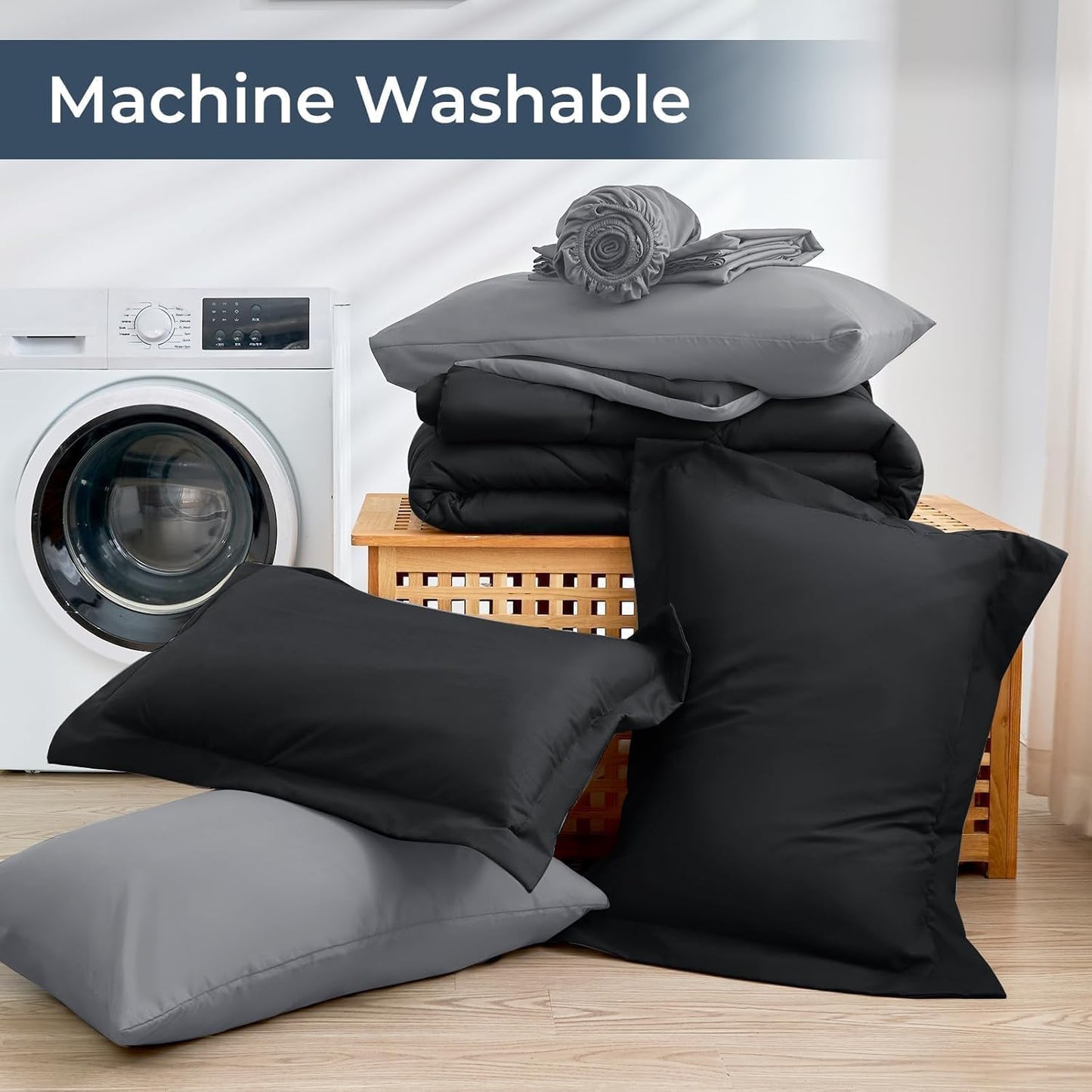 HEVUMYI Full Comforter Set - 7-Piece All Season Bed in a Bag Full, Ultra Soft Bedding Set with Comforter, Flat Sheet, Fitted Sheet, Pillowcases, Pillow Shams, Black & Light Grey