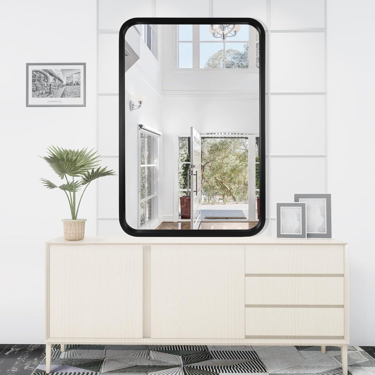 WallBeyond 24x36 Inch Wood Mirror for Bathroom, Wooden Frame Wall Mirror Farmhouse Wall Mounted Rectangle Mirror for Vanity (Horizontal/Vertical Black Color)