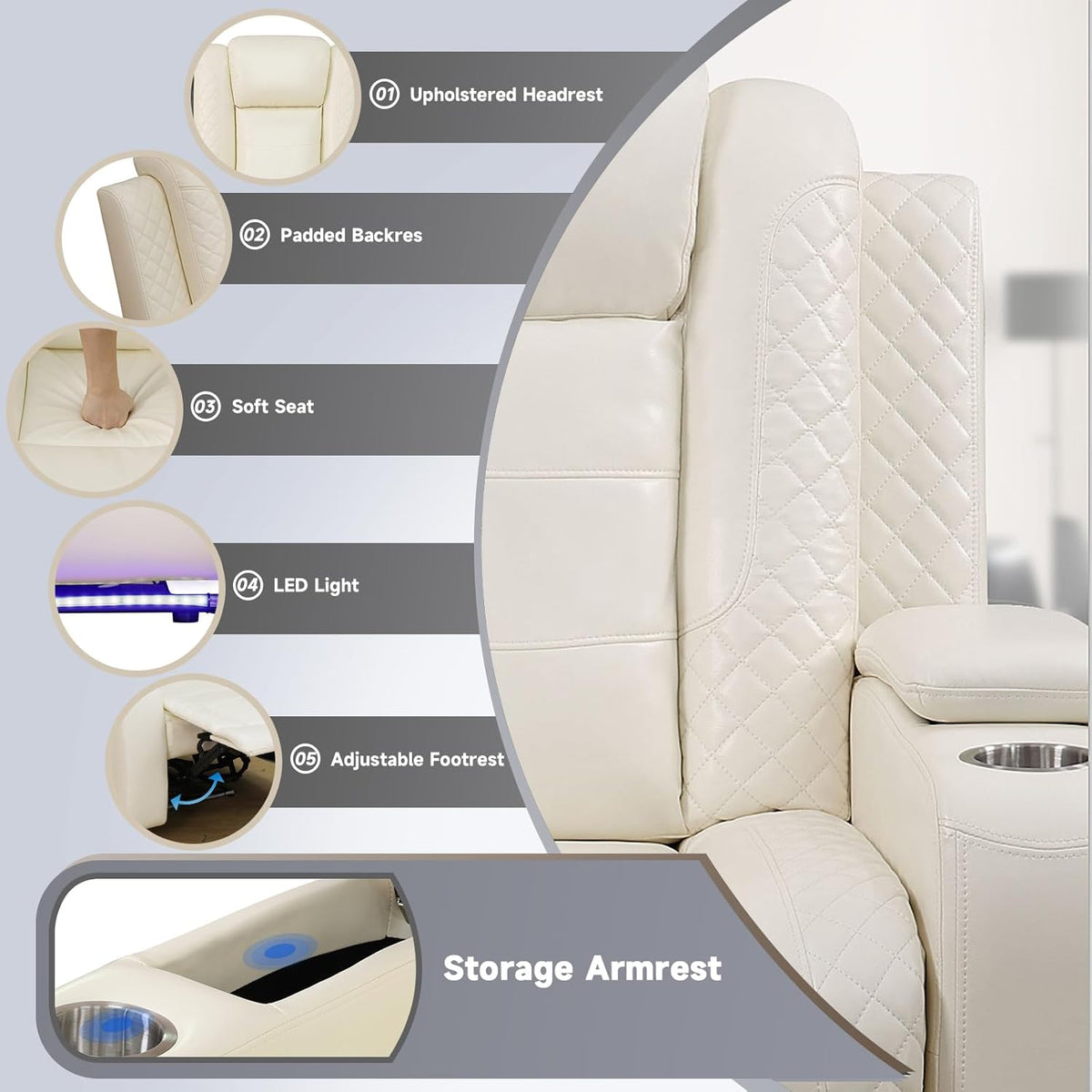 PU Leather Power Wall Hugger Chair Double Reclining Sectional Sofa 3-Seater Loveseat Couch with Reversible Coffee Table, Wireless Chargers, USB Port, Cup Holders, Storage Armrest, Ambient LED Light