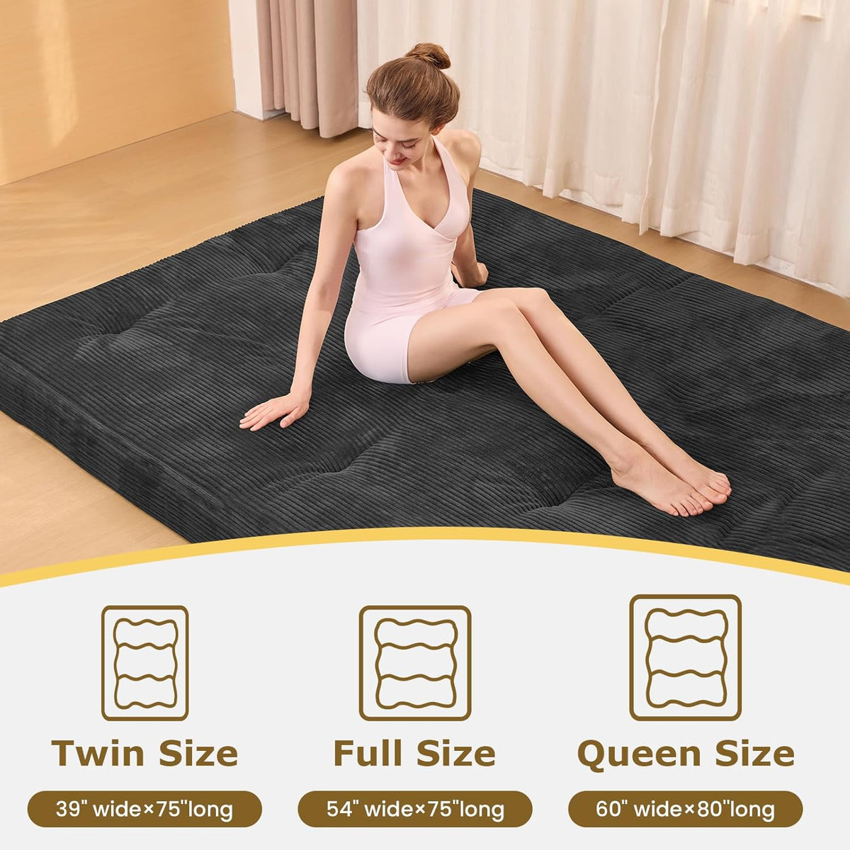 Japanese Floor Mattress, 4" Thicken Futon Mattress Queen Size Sleeping Pad, Corduroy Foldable Mattress Pad Roll Up Tatami Mat Floor Mattress for Adults（Grey）