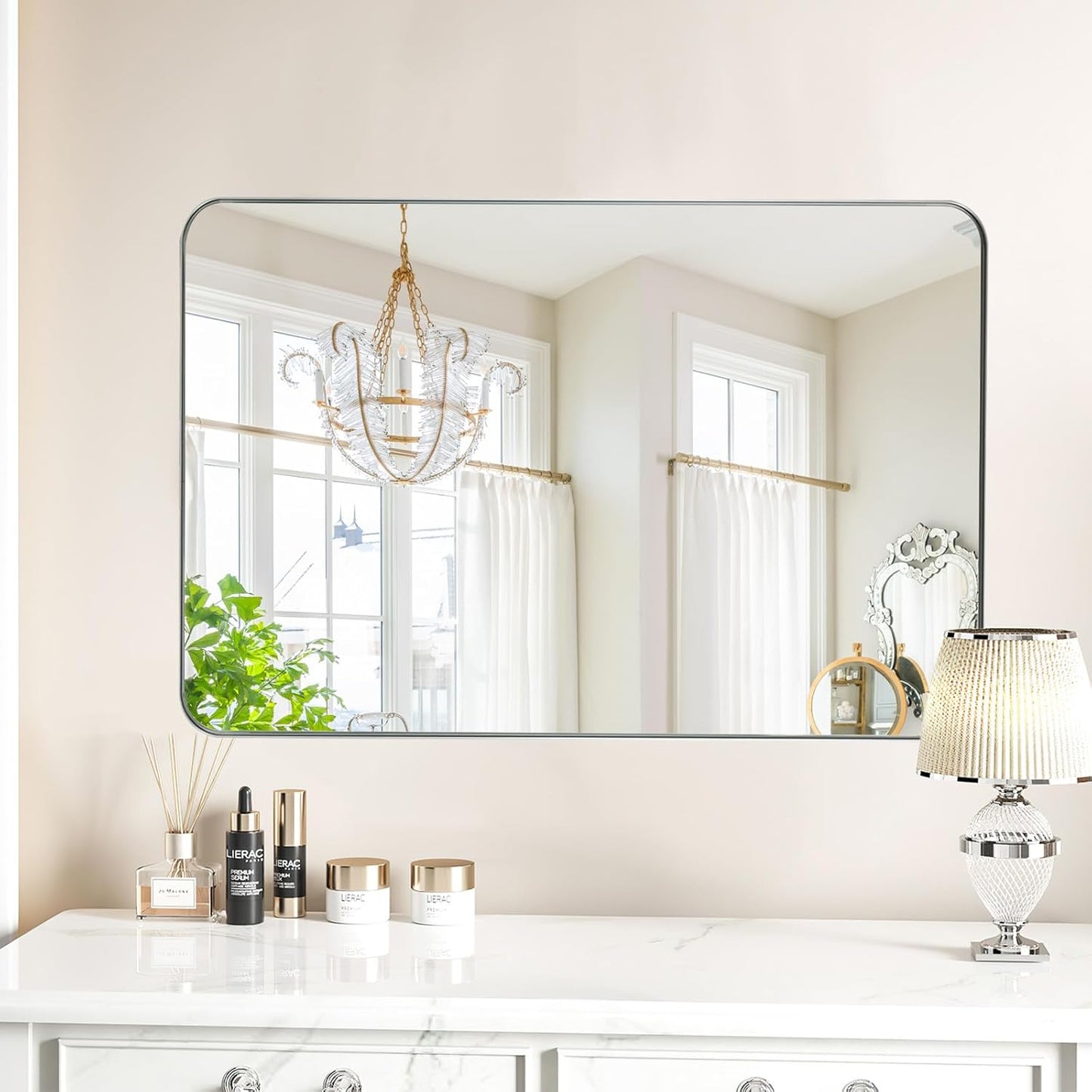 24x36 Inch Silver Bathroom Mirror for Wall, Metal Framed Rectangle Mirror with Rounded Corner, Bathroom Vanity Mirror in Aluminum Alloy, Hangs Horizontally or Vertically