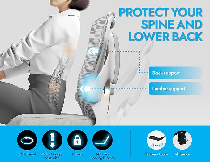 Ergonomic Office Chair with Lumbar Support - Adjustable Computer Desk Chairs for Home Office, Gaming, and Work - Comfortable and Supportive Desk Chairs for Adults(Grey Gold)