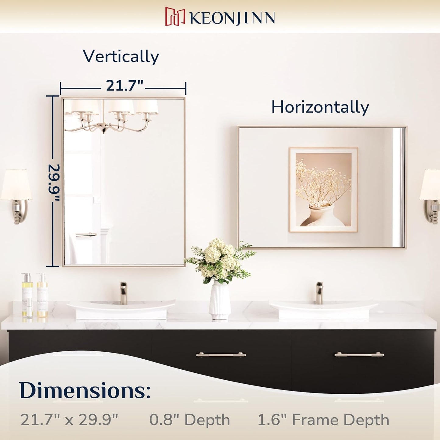 Keonjinn Brushed Nickel Bathroom Mirror for Wall 22 x 30 in, Rectangular Metal Framed Silver Mirror for Vanity Square Corner Aluminum Alloy Rectangle Modern Mirror for Over Sink(Horizontal/Vertical)