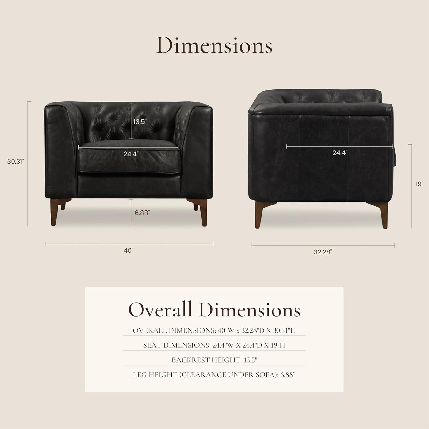 Poly & Bark Essex Lounge Chair - Leather Chair with Tufted Back - Full-Grain Living Room Armchair with Feather-Down Topper - Single Couch - Vintage Italian Leather in Onyx Black