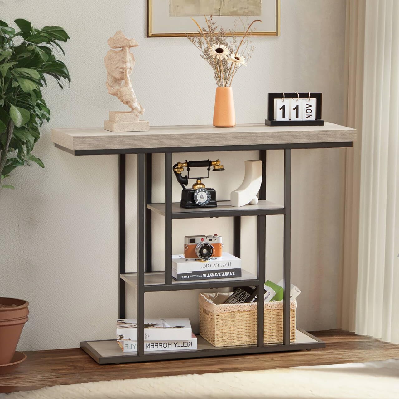 HABUTWAY 42" Industrial Console Table, Narrow 4-Tier Wood Entryway Table for Living Room, Accent Tables Living Room, Hallway Table, Sofa Table for Front Door, Hallway, Foyer, Rustic Grey