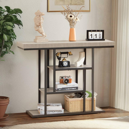 HABUTWAY 42" Industrial Console Table, Narrow 4-Tier Wood Entryway Table for Living Room, Accent Tables Living Room, Hallway Table, Sofa Table for Front Door, Hallway, Foyer, Rustic Grey