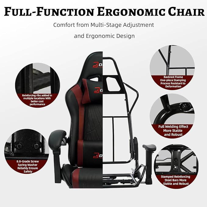Ergonomic Gaming Chair with Footrest and Lumbar Massage, Racing Office Chair, High Back Computer Desk Chair with Headrest Pillow for Adults, Video Game Chair for PC Gamer (1001-Red)