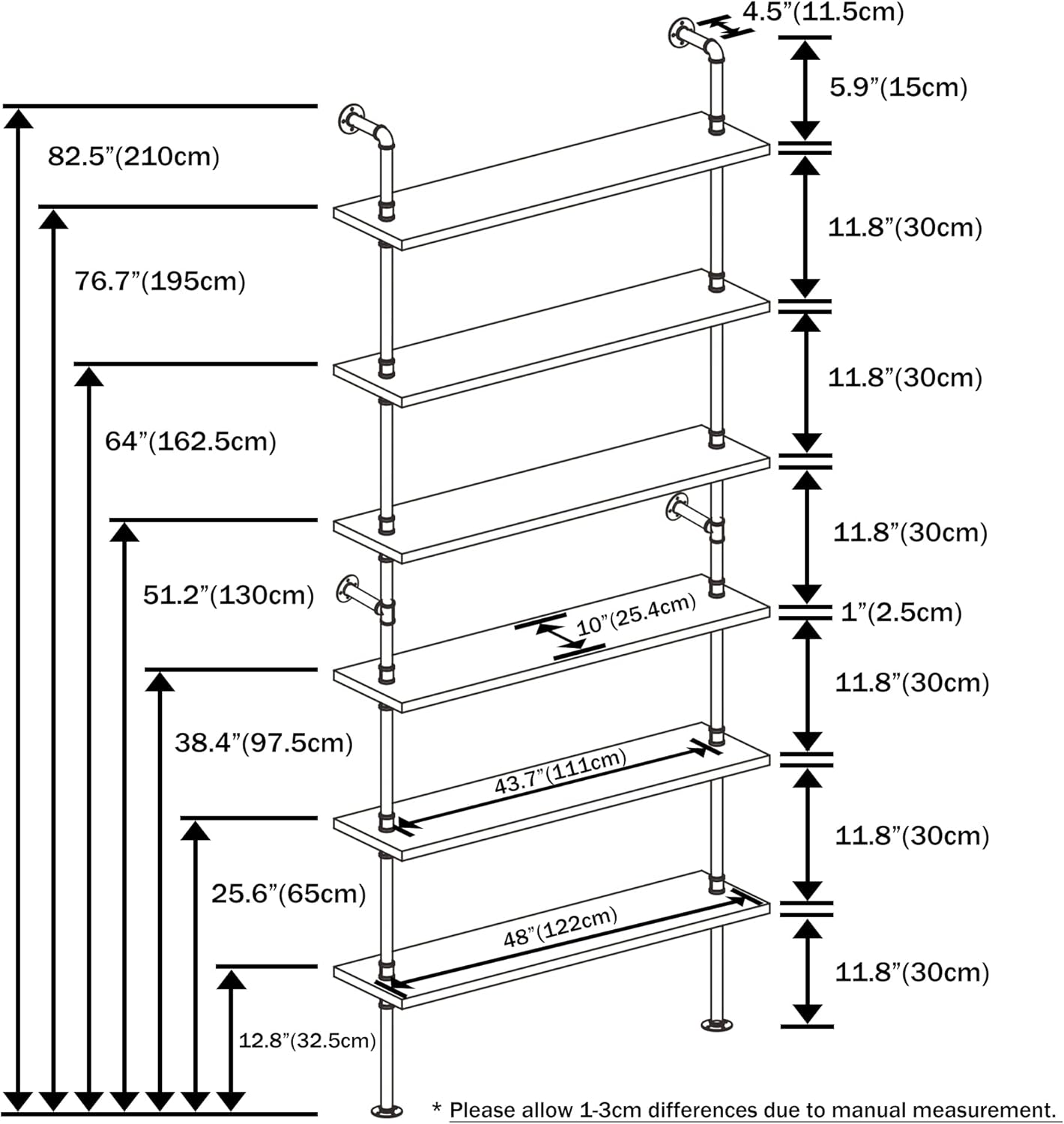 6 Tier Industrial Ladder Shelf Bookcase, Wall Mounted Rustic Bookshelf for Living Room Decor and Storage (Walnut Color, 6 Tier - 10" D x 48" W x 82.5" H)
