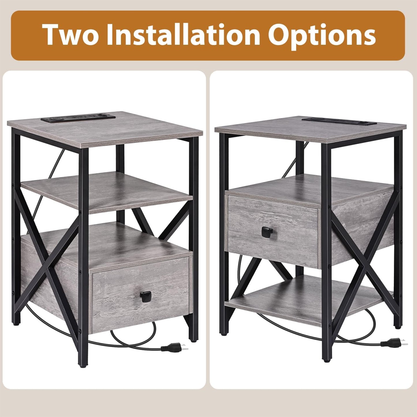 Side Tables with Wireless Charging Station, Grey End Tables Living Room with Charging, Side Tables with Wood Drawer, Night Stands with Storage for Bedroom, Bedside Tables, Living Room