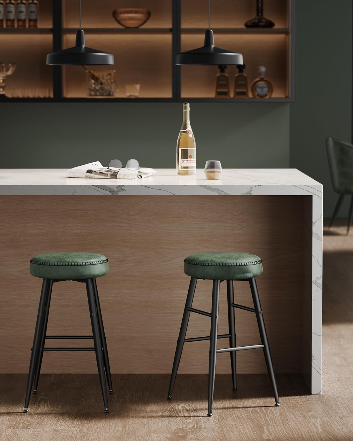 VASAGLE EKHO Collection - Bar Stools Set of 2, Counter Height Bar Stools, Kitchen Counter Stools, Mid-Century Modern Backless Counter Stools, 24.8-Inch Tall, Kitchen Island Home Bar, Forest Green