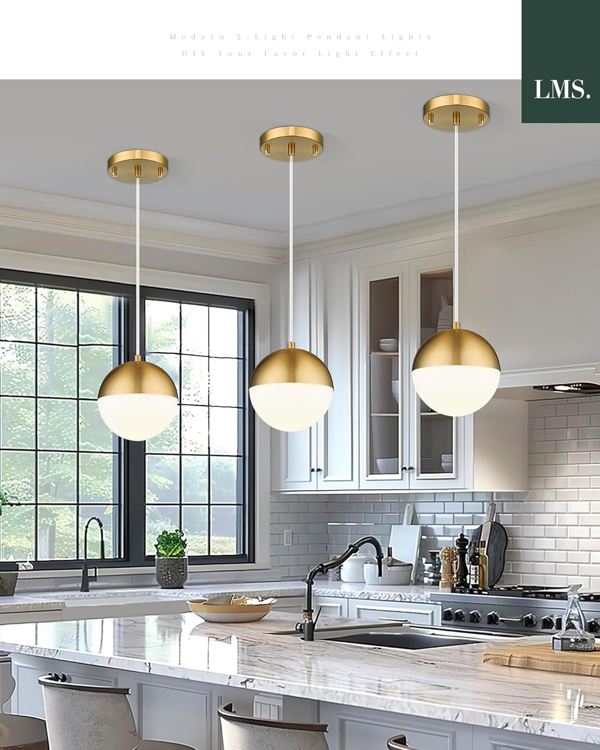LMS 6-inch Brushed Gold Pendant Light Fixtures, Mid Century Pendant Light Fixtures with White Globe Glass, Adjustable Hanging Cord Ceiling Light Fixtures for Dining Room Bathroom, LMS-186BGS