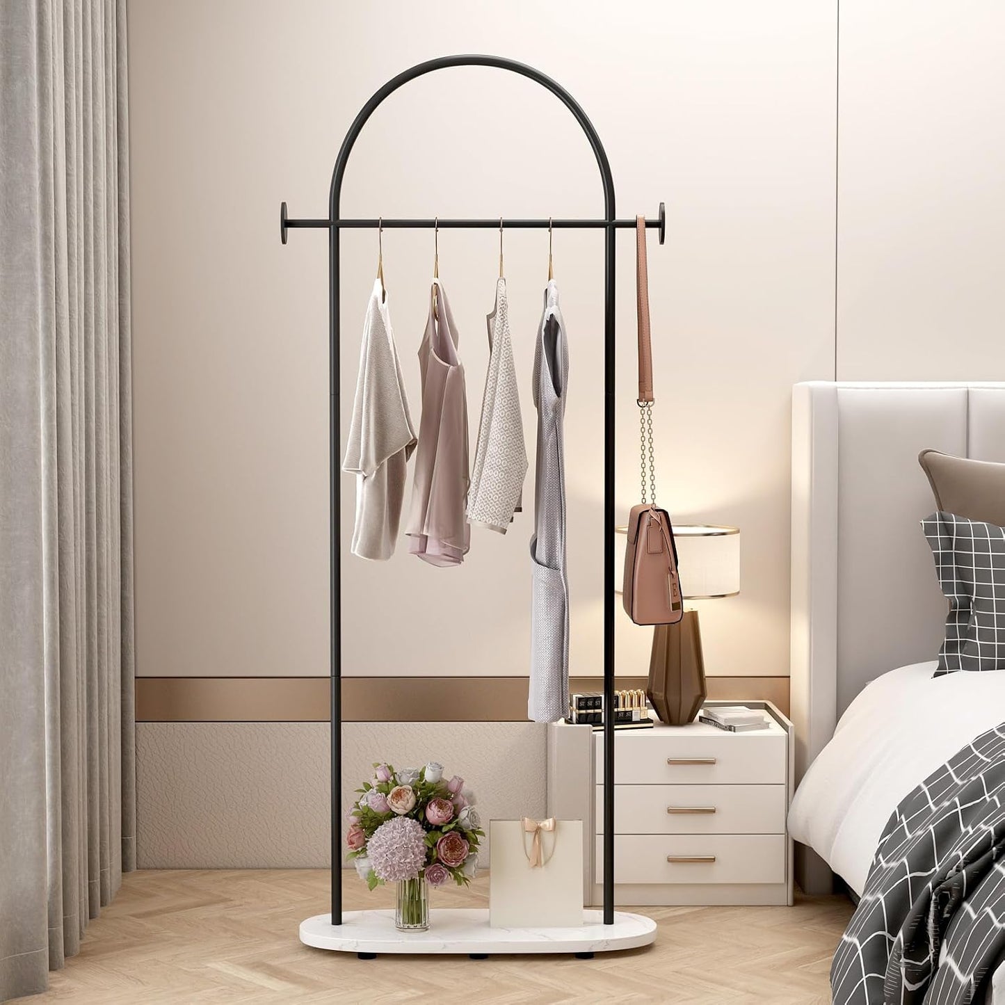 Black Clothing Rack, Modern Clothes Rack with Shelf, Heavy Duty Freestanding Coat Rack, Metal Coat Hanger Stand with Hooks for Boutique Office