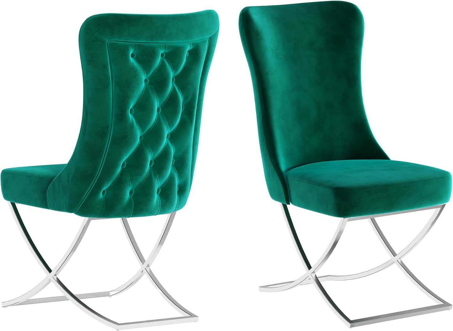 Ottomanson Royal Dining Chairs Set of 2 – Upholstered Tufted Microfiber, Assembled, Silver Metal Legs, Beech Wood Frame, 350 lb Capacity, Green