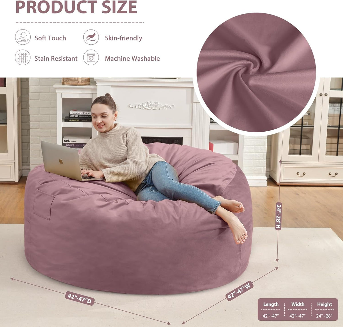 4FT Bean Bag Chair, Large Bean Bag Chairs with Memory Foam Filled, Fluffy Beanbag Sofa with Dutch Velvet Cover, Round BeanBag Chairs for Living Room, Playroom - Dusty Pink