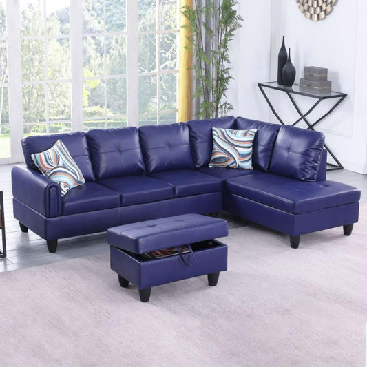 Blue L-Shaped 3-Piece Faux Leather Sofa with Storage Ottoman Set, Sectional Couch Sofa Set for Living Room, Office, Small Space