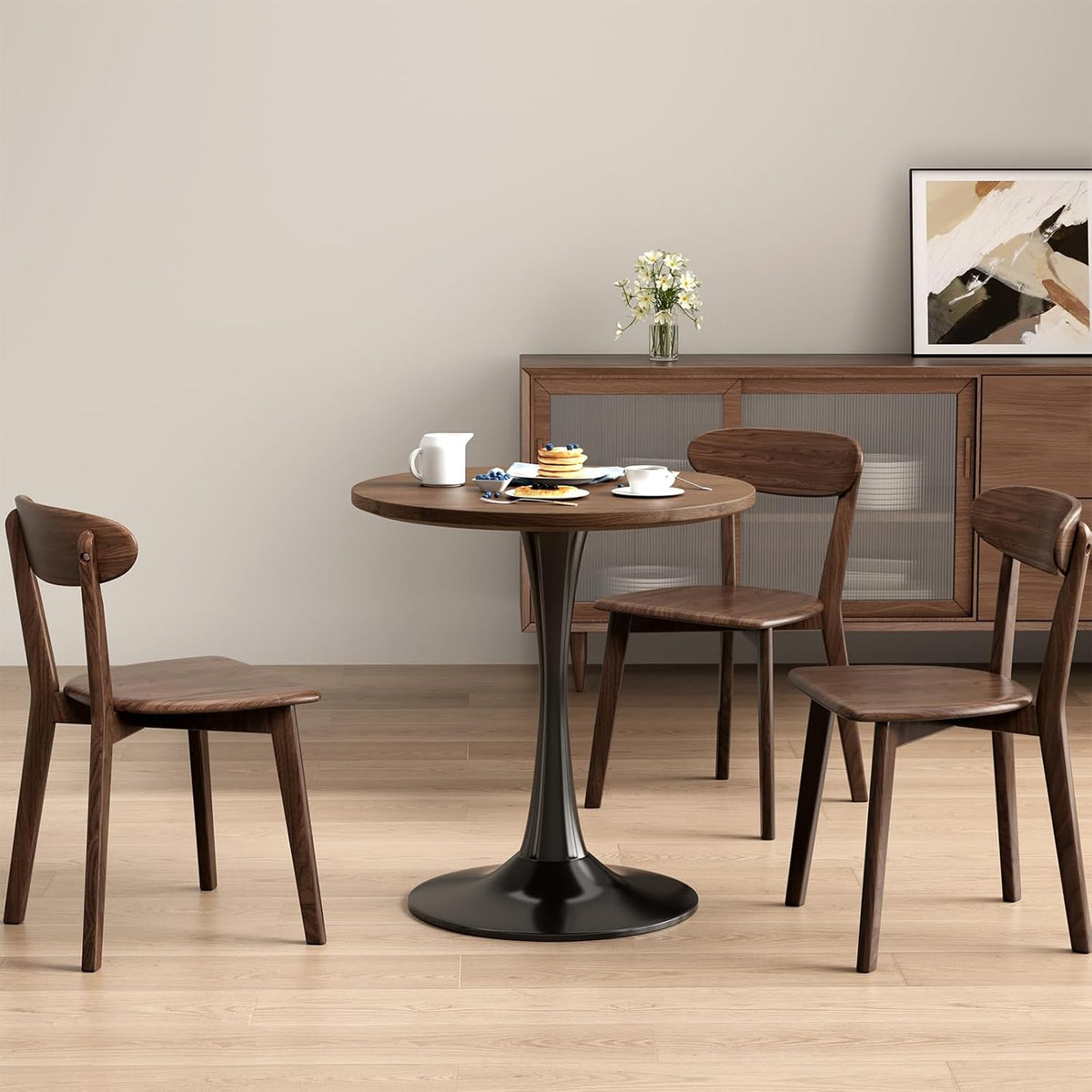 24 inch Small Tulip Table for 2 Person, Walnut Round Dining Table for Kitchen, Leisure Wood Mid Century Modern Table with Metal Pedestal Base for Cafe, Living Room, Bar, Circle Bistro Tables