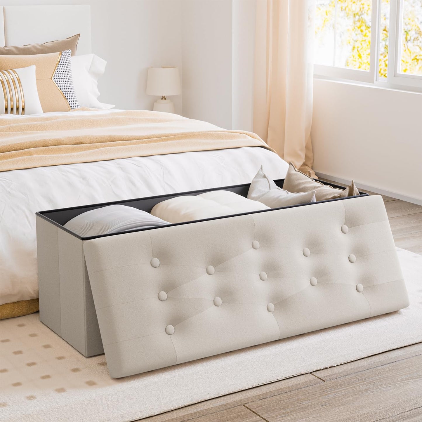 PRANDOM Jumbo Ottoman with Storage [1-Pack] Velvet Folding Small Square Foot Stool with Lid for Living Room Bedroom Coffee Table Dorm Beige 43x15x15 inches