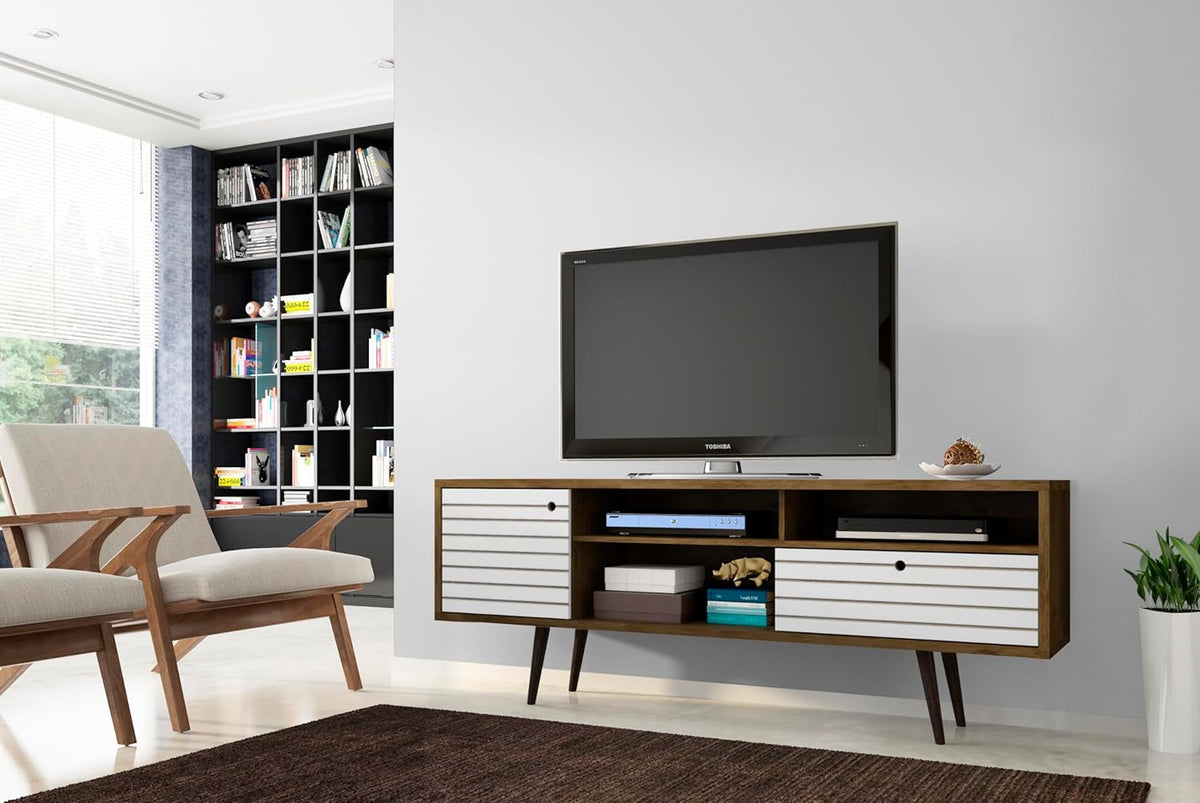 Manhattan Comfort Liberty Mid Century Modern TV Stand for Televisions up to 65 Inches, Bedroom and Living Room Entertainment Center with Storage, Shelves, and Cabinet, 71" Wide, Rustic Brown/White