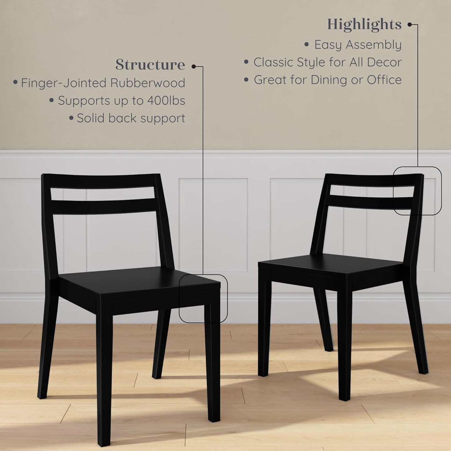 Grain & Grove Davie Dining Room Chairs Set of 2, Solid Wood Modern Kitchen Chair for Living Room, Kitchen, Black