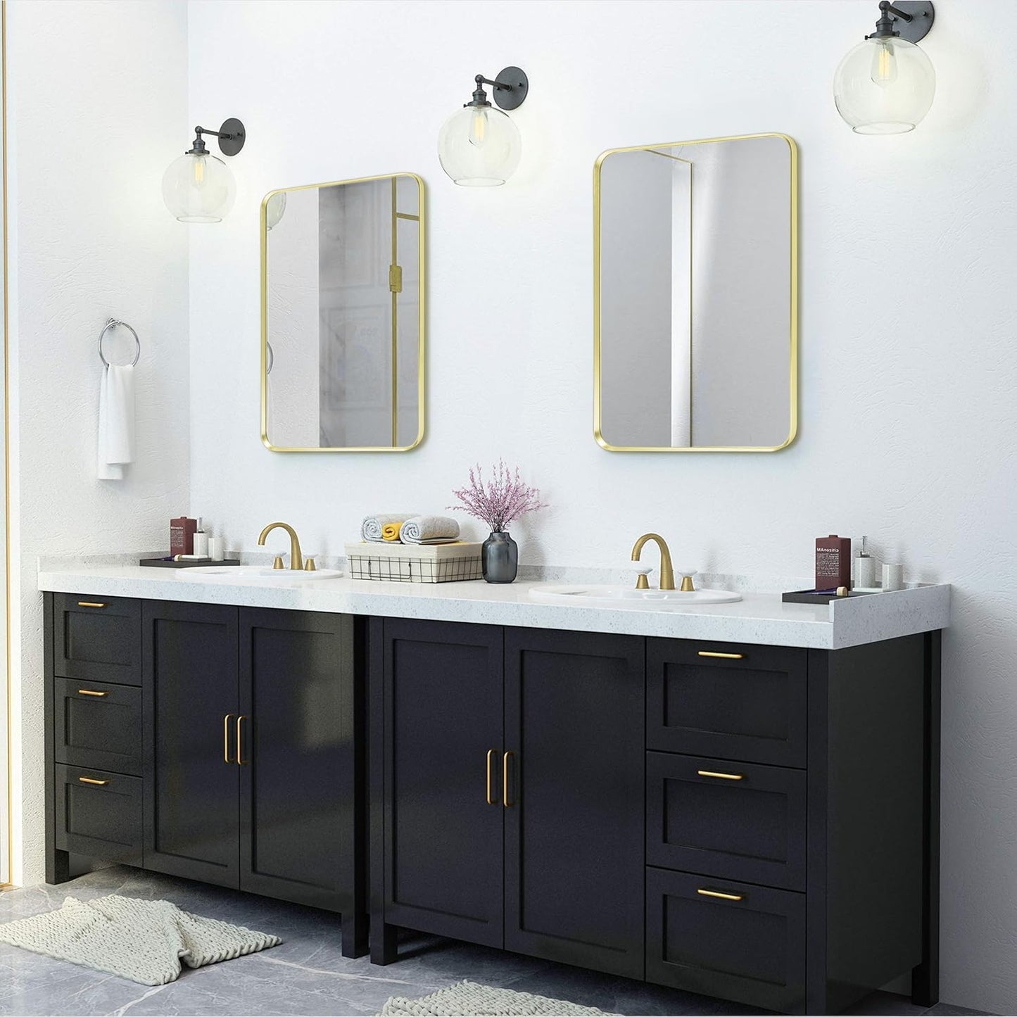 Gold Framed Bathroom Mirror, Brushed Gold Bathroom Vanity Wall Mirror, Rounded Rectangle Gold Frame Mirror, Tempered Glass, Anti-Rust, Hangs Horizontally or Vertically (22" x 30", Gold)